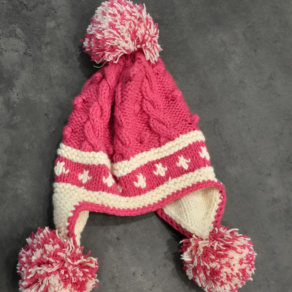 Cozy Pink and Cream Kids Pom-Pom Hat
